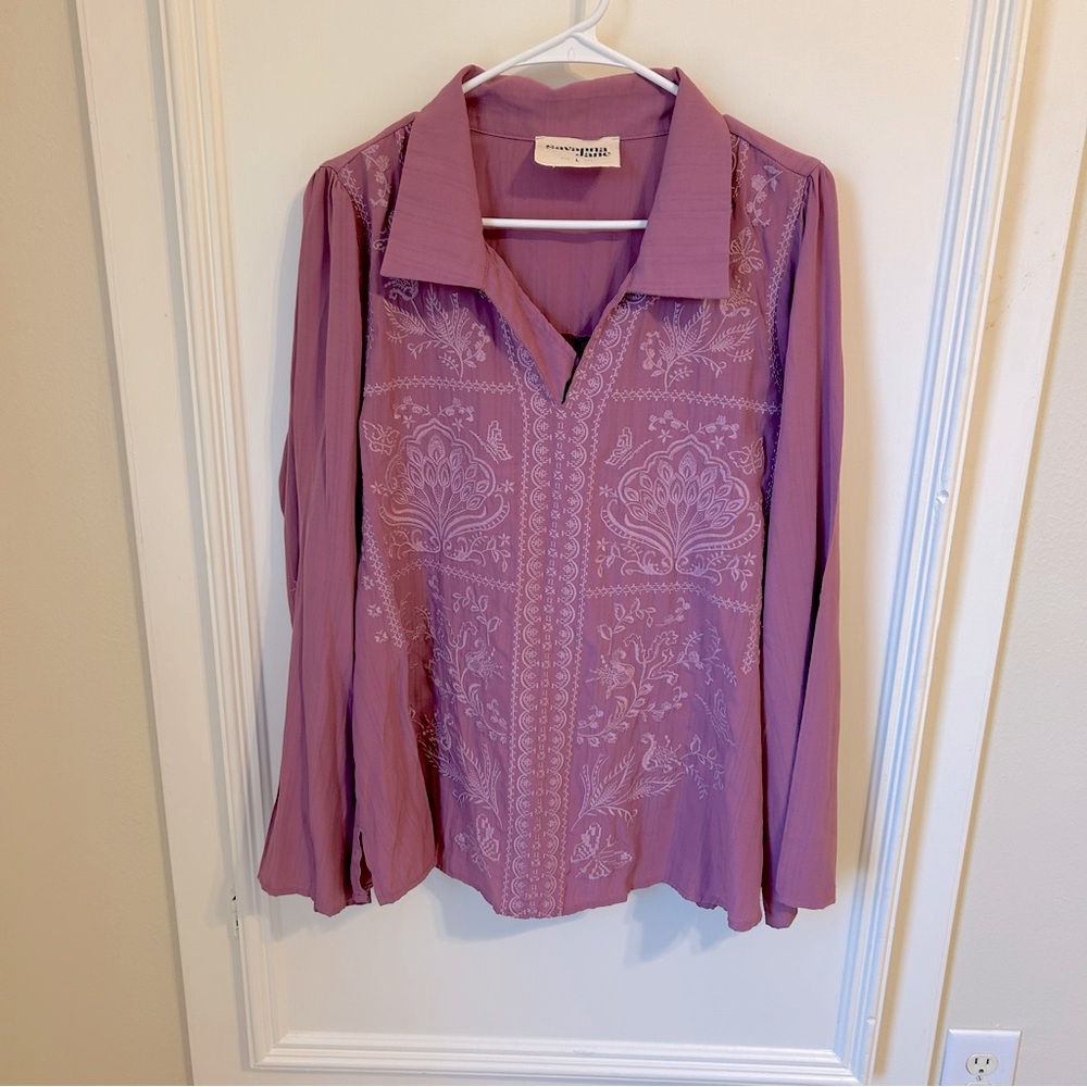 Savanna Jane Embroidered Long Sleeve Purple Blouse Top Large L